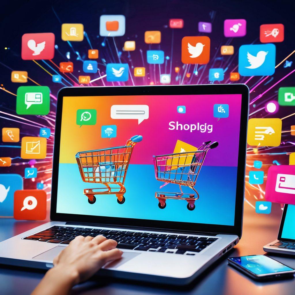 A dynamic scene of a vibrant online shopping experience, featuring diverse shoppers engaging with digital interfaces filled with colorful product images and shopping carts. Include elements like a laptop and smartphone displaying e-commerce platforms, glowing notifications, and lively social media icons in the background, symbolizing connectivity and technology. Ensure a sense of excitement and innovation to enhance the theme of elevated digital shopping. super-realistic. vibrant colors. 3D.