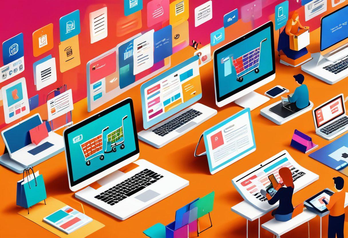 A digital illustration of a modern, lively marketplace filled with various online shopping icons like sale tags, carts, and product boxes, interspersed with people happily browsing on their laptops and smartphones. In the foreground, a checklist of shopping tips is displayed, emphasizing smart online shopping strategies. The overall vibe should be upbeat and inviting, with bright, engaging colors to attract attention. 3D elements for a dynamic look. vibrant colors.