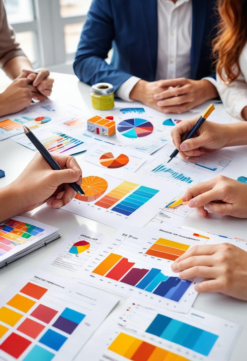 A knowledgeable, diverse group of experts examining various consumer products in a bright, modern setting. Charts and graphs illustrating product comparisons can be seen in the background, showcasing insightful evaluations. The atmosphere is friendly and collaborative, evoking trust and expertise. Colorful products are prominently displayed on a shiny table. super-realistic. vibrant colors. modern look.